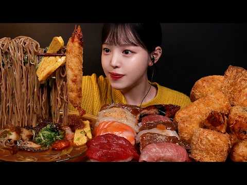SUB)최애 초밥에 대왕 돈까스 먹방! 여름 오기 전 냉모밀까지 미친 조합 가져왔어요 참치뱃살 연어 간장새우 모둠초밥 뿌시기 Sushi Mukbang Asmr thumbnail