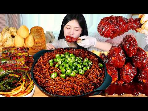 ASMR MUKBANG| 직접 만든 짜파게티 양념치킨 만두튀김 파김치 먹방 & 레시피 FRIED CHICKEN AND BLACK BEAN NOODLES EATING thumbnail