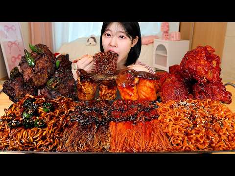ASMR MUKBANG| 직접 만든 불닭 짜장 버섯 양념치킨 소세지 먹방 & 레시피 SPICY MUSHROOMS AND FIRE NOODLES EATING thumbnail